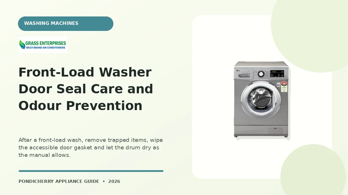 Front-Load Washer Door Seal Care and Odour Prevention appliance guide illustrated by Grass Enterprises, Pondicherry